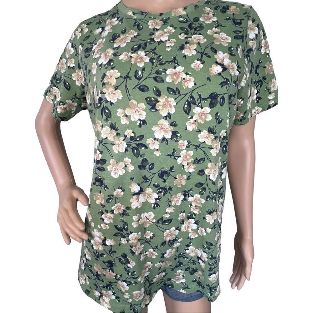 Woman Within Sage Green Short Sleeve T-Shirt With Floral Pattern